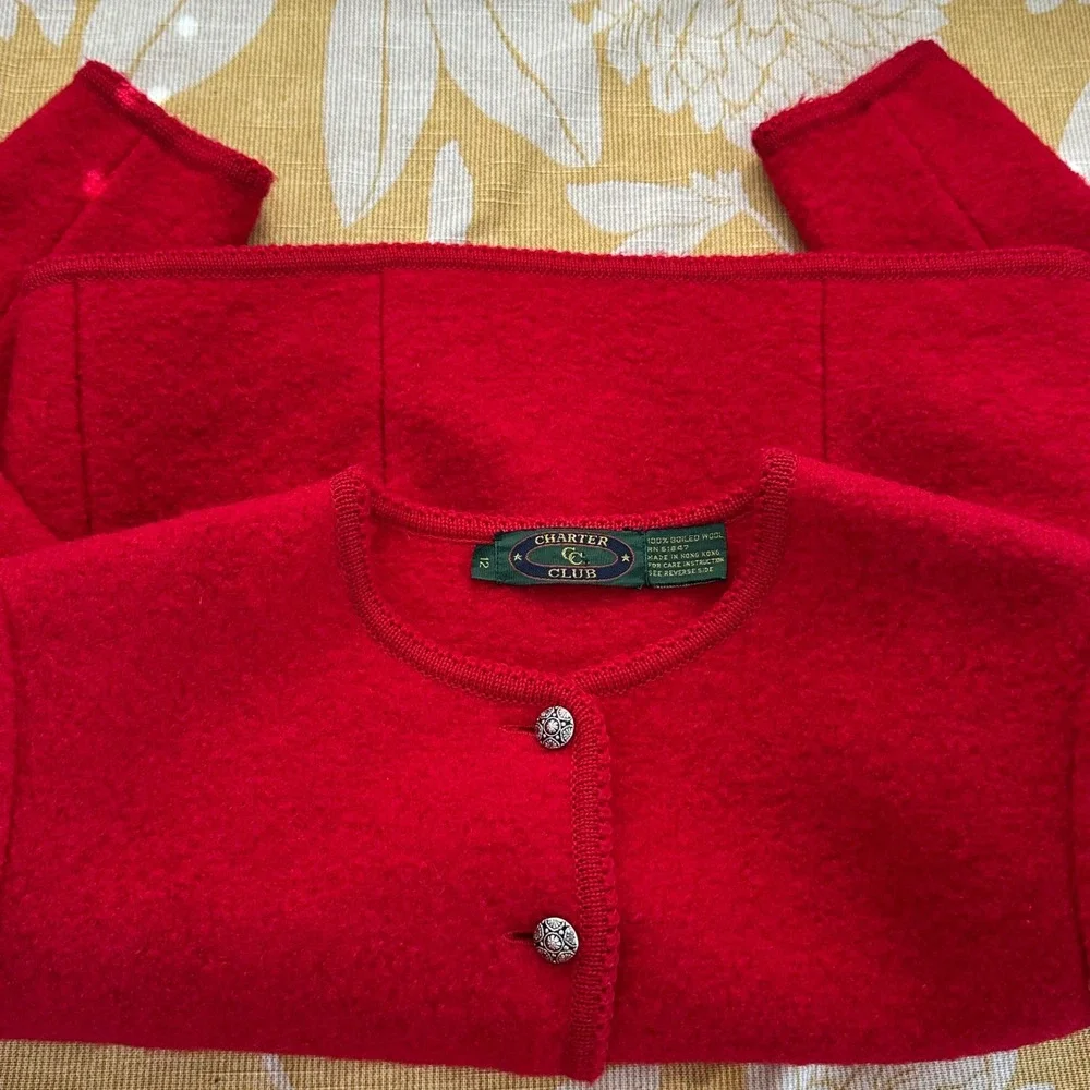 Vintage Charter Club Red Boiled Wool Cardigan Jacket Sz 12 Silver Floral Buttons
